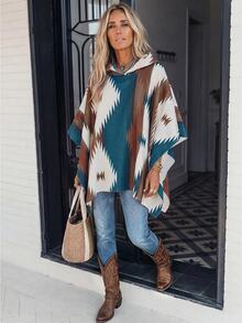 LanaWest Women's Multi-Color Striped Print Wool Hooded Cape Coat - Multicolor - View 6