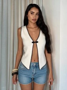 Glamine Women's Frog Button Design Slit Hem Lightweight Knit Cardigan Vest - White - View 6