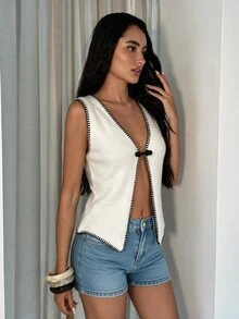 Glamine Women's Frog Button Design Slit Hem Lightweight Knit Cardigan Vest - White - View 5