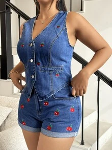 SHEIN ICON 大码女式樱桃图案复古百搭V领牛仔背心，夏季 - 藍色 - 查看 6