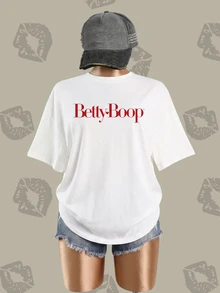 Betty Boop x SHEIN Plus Size Women's Round Neck Short Sleeve Casual Versatile T-Shirt - White - View 8