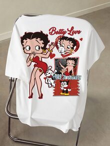 Betty Boop x SHEIN Plus Size Women's Round Neck Short Sleeve Casual Versatile T-Shirt - White - View 7
