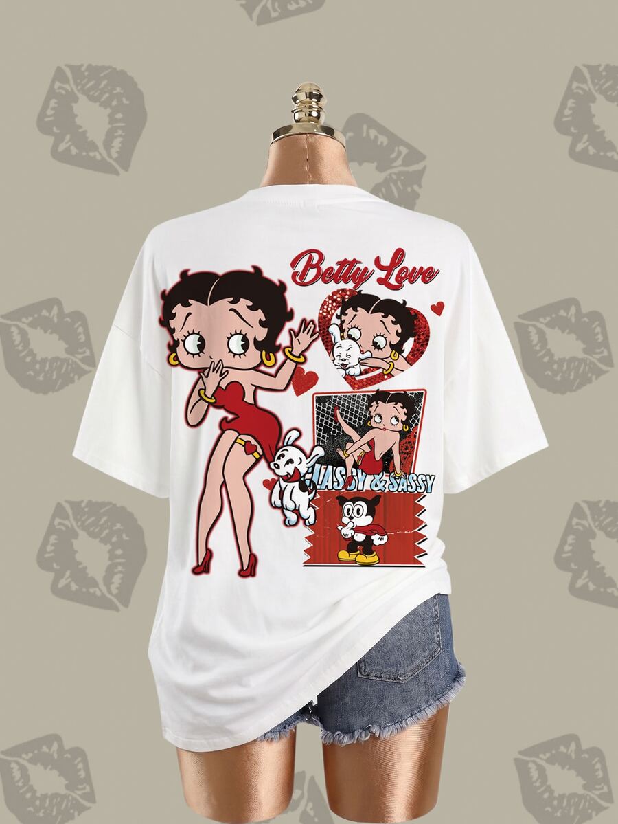 Betty Boop x SHEIN Plus Size Women's Round Neck Short Sleeve Casual Versatile T-Shirt - White - View 1