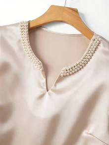 GlowEve CURVE Women's Plus Size Fashion Elegant Collar Pearl Satin Puff Long Sleeve Loose T-Shirt Fall - Champagne - View 4