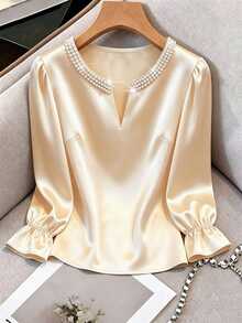 GlowEve CURVE Women's Plus Size Fashion Elegant Collar Pearl Satin Puff Long Sleeve Loose T-Shirt Fall - Champagne - View 6