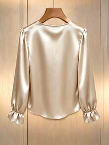 GlowEve CURVE Women's Plus Size Fashion Elegant Collar Pearl Satin Puff Long Sleeve Loose T-Shirt Fall - Champagne - View 2