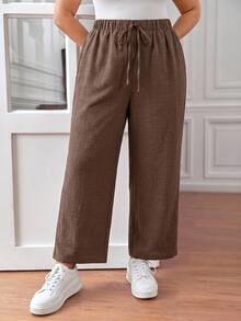 SHEIN CURVE+ Plus Size Women's Solid Color Ruffle Hem Waist Tie Wide Leg Long Pants - Coffee Brown - View 3
