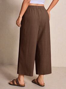 SHEIN CURVE+ Plus Size Women's Solid Color Ruffle Hem Waist Tie Wide Leg Long Pants - Coffee Brown - View 2