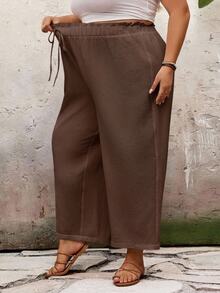 SHEIN CURVE+ Plus Size Women's Solid Color Ruffle Hem Waist Tie Wide Leg Long Pants - Coffee Brown - View 5