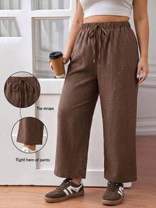SHEIN CURVE+ Plus Size Women's Solid Color Ruffle Hem Waist Tie Wide Leg Long Pants - Coffee Brown - View 4