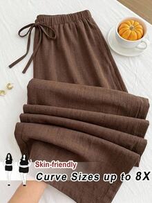 SHEIN CURVE+ Plus Size Women's Solid Color Ruffle Hem Waist Tie Wide Leg Long Pants - Coffee Brown - View 1