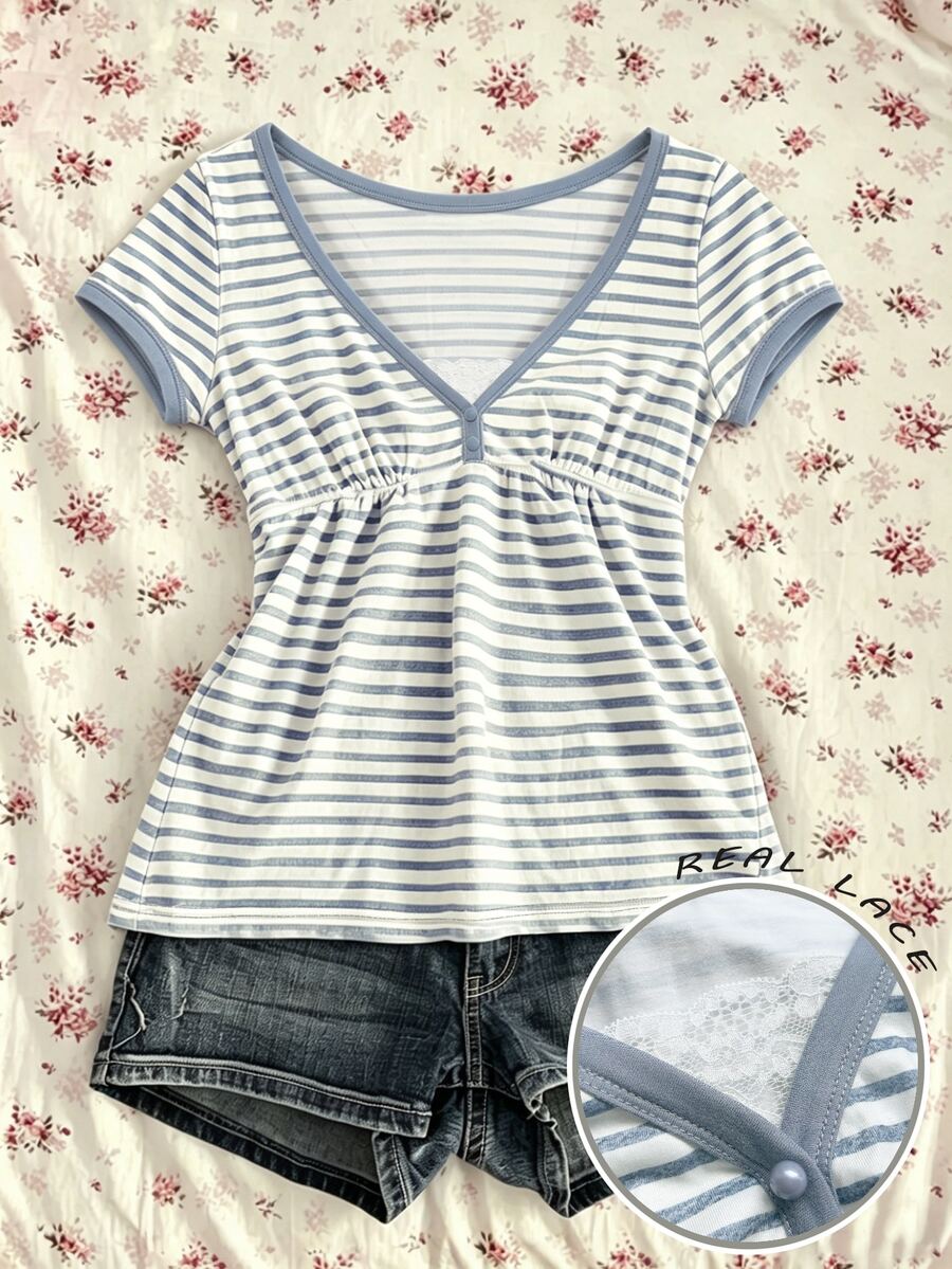 IslaSuriya 女款休閒鄉村風短袖藍白條紋V領T恤,度假夏季穿搭 - 彩色 - 查看 1