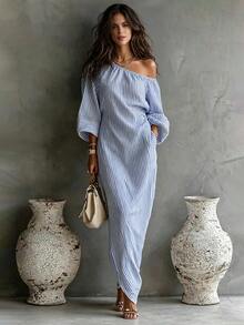 Glimmora Gaun Plus Motif Garis-Garis dengan Leher Asimetris dan Lengan Lentera - Blue and White - View 1