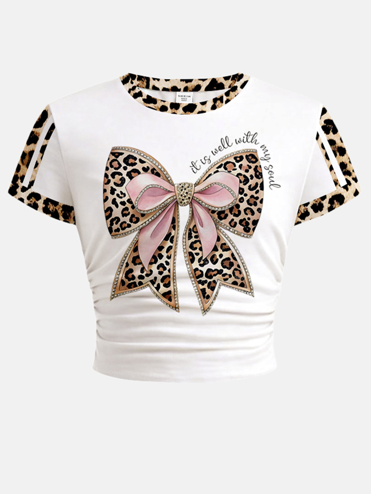 Vintage Sweet Leopard Print Bow Pattern, Pink Bow, Contrast Color Sporty Leopard Stripe, Chill Chill, Tween Girls T-Shirt And Long Pants Knit Two Pieces Set Casual Daily Fashion Versatile - Multicolor - View 4