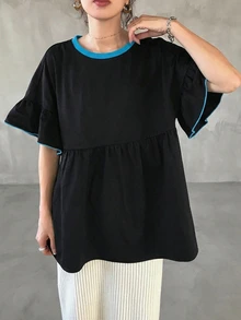 FRIFUL Women's Casual Ruffle Sleeve Loose T-Shirt For Summer Vacation - Black - View 4