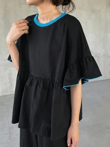 FRIFUL Women's Casual Ruffle Sleeve Loose T-Shirt For Summer Vacation - Black - View 5