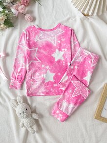 SHEIN 女童長袖長褲緊身羅紋肖像印花居家服 - 淺粉色 - 查看 2