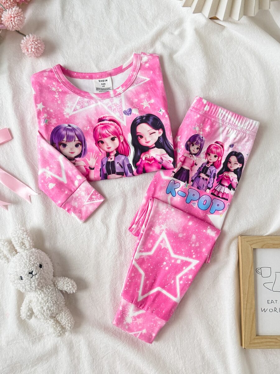 SHEIN Young Girl Young Girl Long Sleeve Long Pants Tight Ribbed Portrait Print Loungewear - Baby Pink - View 1