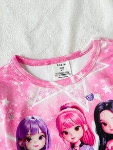 SHEIN 女童長袖長褲緊身羅紋肖像印花居家服 - 淺粉色 - 查看 4
