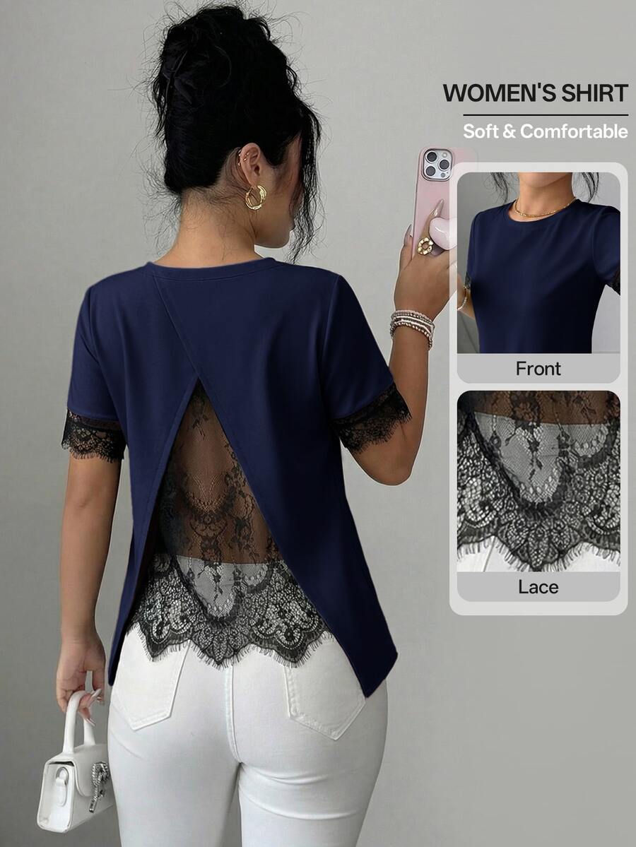Elenzga Women's Spring/Summer A-Line Patchwork Romantic Lace French Casual T-Shirt Suitable For Office And Daily Wear - Navy Blue - View 1