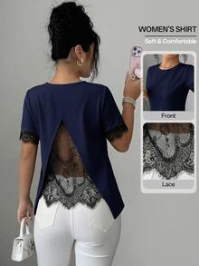 Elenzga Women's Spring/Summer A-Line Patchwork Romantic Lace French Casual T-Shirt Suitable For Office And Daily Wear - Navy Blue - View 6