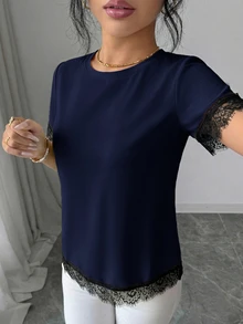 Elenzga Women's Spring/Summer A-Line Patchwork Romantic Lace French Casual T-Shirt Suitable For Office And Daily Wear - Navy Blue - View 5
