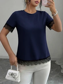 Elenzga Women's Spring/Summer A-Line Patchwork Romantic Lace French Casual T-Shirt Suitable For Office And Daily Wear - Navy Blue - View 4