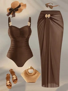 Swim Oasis Plus Size Women 2pcs Set Brown Spaghetti Strap Small V-Neck One-Piece Swimsuit With Mesh Long Skirt Summer Beach Vacation 1920s Greek Goddess - Coffee Brown - View 1
