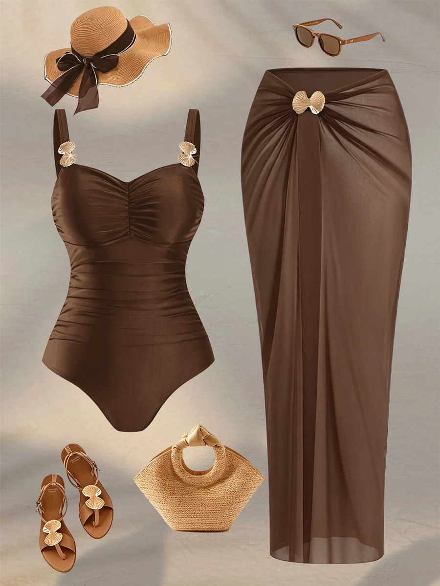 Swim Oasis Plus Size Women 2pcs Set Brown Spaghetti Strap Small V-Neck One-Piece Swimsuit With Mesh Long Skirt Summer Beach Vacation 1920s Greek Goddess - Coffee Brown - View 1