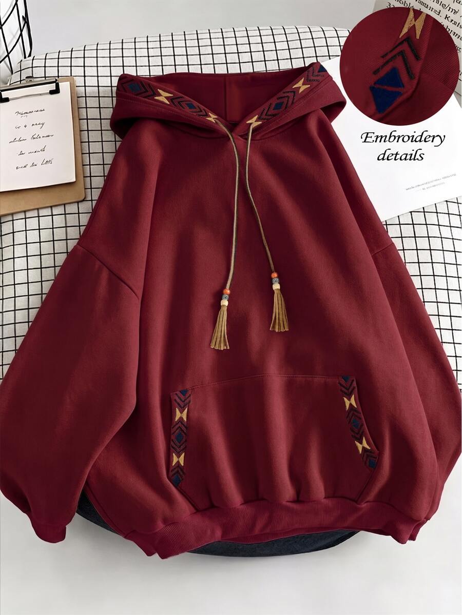 Resyla 女款拼接幾何刺繡長袖抽繩連帽口袋運動衫 - 酒紅色 - 查看 1