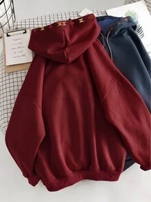 Resyla 女款拼接幾何刺繡長袖抽繩連帽口袋運動衫 - 酒紅色 - 查看 2