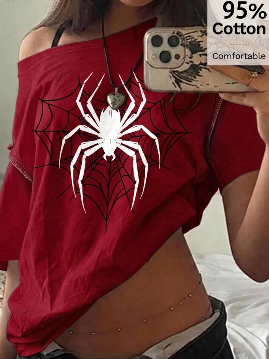 SHEIN EZwear 休閒極簡蜘蛛大肚印花不對稱落肩短袖寬鬆女款T恤 - 白色 - 查看 1