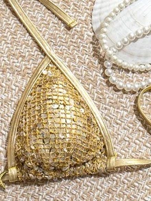 SHEIN Swim 2026春夏女士三件套泳装，金色亮片星形设计比基尼沙滩装，金色比基尼套装，金色两件套亮片比基尼，金色泳衣，金色亮片比基尼套装，女士金色比基尼，金色两件套泳装，亮片泳装，金色挂脖系带比基尼和侧系带泳裤套装，女士纯色短款两件套泳装 - 金色 - 查看 7