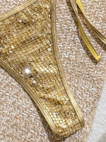 SHEIN Swim 2026春夏女士三件套泳装，金色亮片星形设计比基尼沙滩装，金色比基尼套装，金色两件套亮片比基尼，金色泳衣，金色亮片比基尼套装，女士金色比基尼，金色两件套泳装，亮片泳装，金色挂脖系带比基尼和侧系带泳裤套装，女士纯色短款两件套泳装 - 金色 - 查看 9