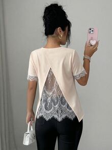 Elenzga Women's Spring/Summer A-Line Patchwork Romantic Lace French Casual T-Shirt Suitable For Office And Daily Wear - Apricot - View 2