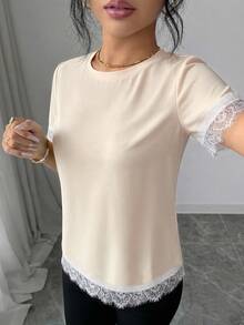 Elenzga Women's Spring/Summer A-Line Patchwork Romantic Lace French Casual T-Shirt Suitable For Office And Daily Wear - Apricot - View 3