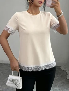 Elenzga Women's Spring/Summer A-Line Patchwork Romantic Lace French Casual T-Shirt Suitable For Office And Daily Wear - Apricot - View 5