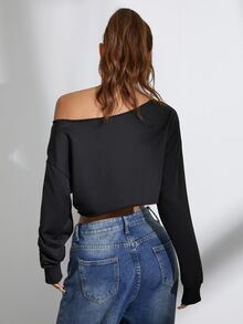FavEase Sexy Solid Color Asymmetrical Shoulder Long Sleeve Cropped Sweatshirt,Graduation,Teacher,Back To School Pullover Fall - Black - View 2