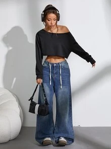 FavEase Sexy Solid Color Asymmetrical Shoulder Long Sleeve Cropped Sweatshirt,Graduation,Teacher,Back To School Pullover Fall - Black - View 3