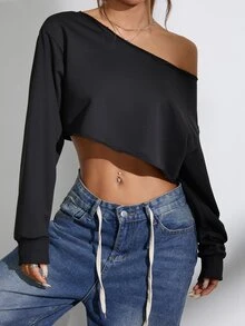 FavEase Sexy Solid Color Asymmetrical Shoulder Long Sleeve Cropped Sweatshirt,Graduation,Teacher,Back To School Pullover Fall - Black - View 6