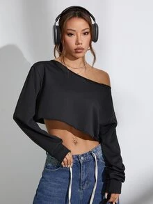 FavEase Sexy Solid Color Asymmetrical Shoulder Long Sleeve Cropped Sweatshirt,Graduation,Teacher,Back To School Pullover Fall - Black - View 4