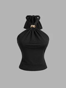 SHEIN MOD 3件組女款金屬裝飾時尚掛脖背心上衣 - 黑色 - 查看 7