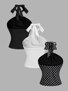 SHEIN MOD 3件組女款金屬裝飾時尚掛脖背心上衣 - 黑色 - 查看 11