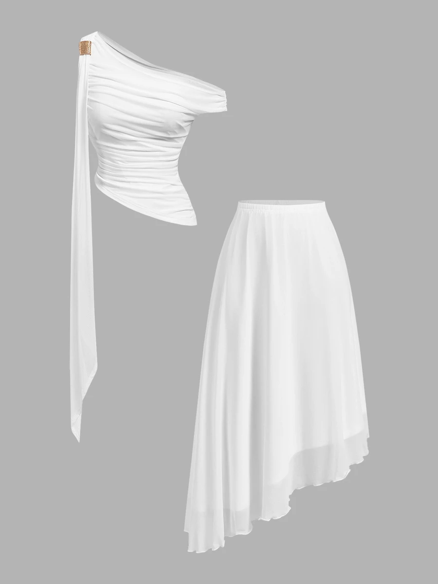 SHEIN MOD Women's Solid Color Asymmetrical Shoulder Metal Decor Pleated Top And Skirt Casual Daily 2 Pieces Set - White - View 1