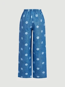 SHEIN MOD Women's Fashionable Polka Dot Print Drawstring Waist Long Pants, Versatile For Vacation - Blue - View 4