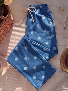 SHEIN MOD Women's Fashionable Polka Dot Print Drawstring Waist Long Pants, Versatile For Vacation - Blue - View 3