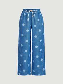 SHEIN MOD Women's Fashionable Polka Dot Print Drawstring Waist Long Pants, Versatile For Vacation - Blue - View 2