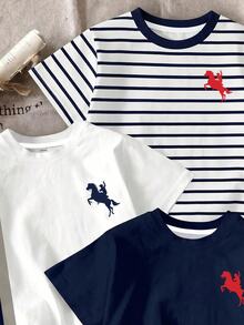 Tween Boy Casual Comfortable Fashion Minimalist Crew Neck Short Sleeve T-Shirt 3pcs Set, Classic Retro Cool Color Block Patchwork Graphic Print, Classic Stripe Graphic Print, Exquisite Knight Pony Logo Graphic Print, Suitable For Back To School, Suitable For Autumn/Winter - Multicolor - View 3