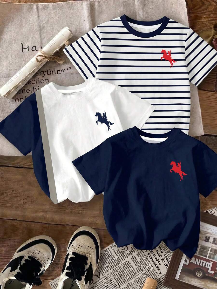 Tween Boy Casual Comfortable Fashion Minimalist Crew Neck Short Sleeve T-Shirt 3pcs Set, Classic Retro Cool Color Block Patchwork Graphic Print, Classic Stripe Graphic Print, Exquisite Knight Pony Logo Graphic Print, Suitable For Back To School, Suitable For Autumn/Winter - Multicolor - View 1