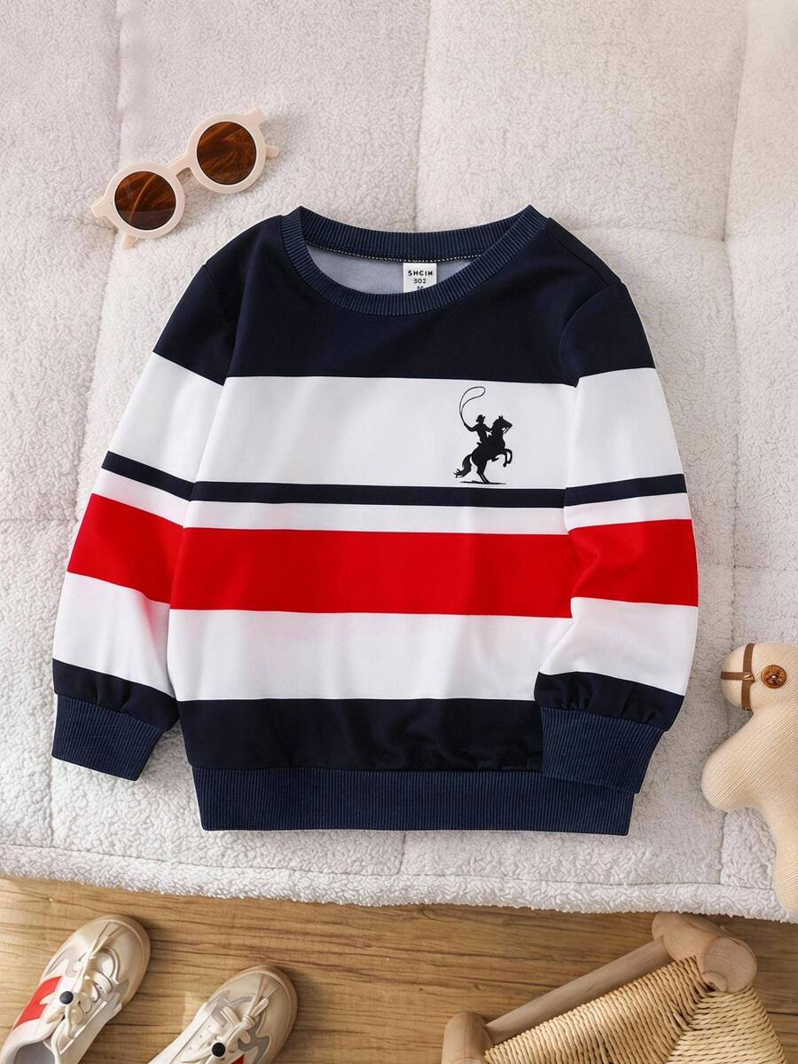 SHEIN Baby Boy Colorblock Striped Pony Logo Asymmetrical Print Crew Neck Long Sleeve Pullover Sweatshirt, Versatile Comfortable, Preppy Sporty Casual, Suitable For Spring Summer Autumn Winter - Multicolor - View 1